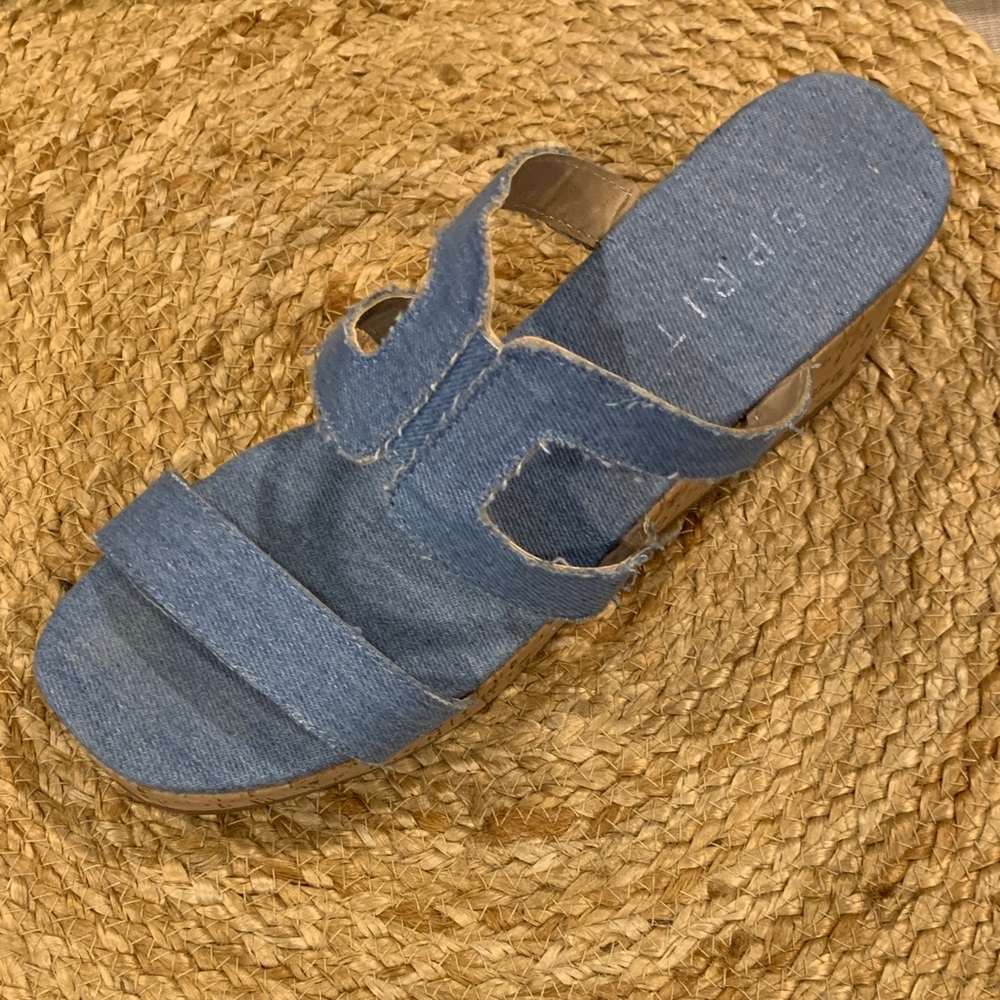 Platform Cork Denim Blue Wedge Slide In Sandals  Esprit